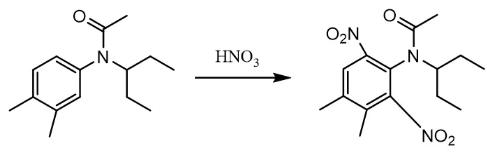 圖2 N-(l-乙基丙基)-N-乙?；?3,4-二甲基苯胺硝化反應方程式